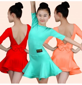 Pink purple mint red purple backless with bowknot competition performance girls latin salsa dance dresses outfits