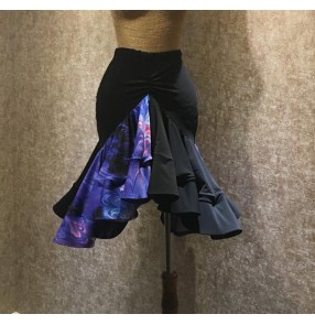 Purple printed black rose floral printed patchwork ruffles skirt hem competition professional women's girls latin dance skirts