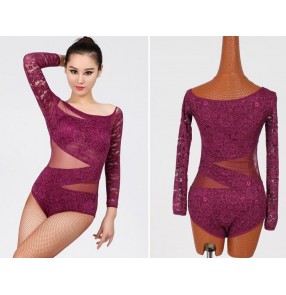 Purple red black long lace sleeves patchwork see through fashion sexy adult women's gymnastics competition latin ballroom performance leotards bodysuits catsuits
