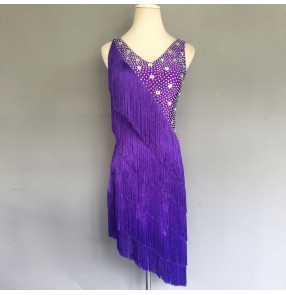 Purple rhinestones fringes tassels competition handmade high quality women's competition latin dance dresses