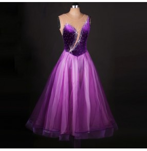 Purple velvet and flesh patchwork rhinestones competition women's ladies ballroom tango waltz dance long dresses outfits