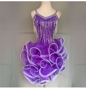 Purple violet black red rhinestones handmade custom size competition performance girls women's latin dance dresses