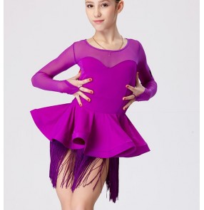 Purple violet pink fuchsia fringes long sleeves girls kids children competition contest latin salsa cha cha dance dresses costumes