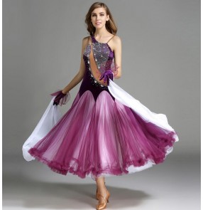 Purple violet red dark green white patchwork velvet rhinestones women's ladies competition professional performance ballroom tango waltz dance dresses