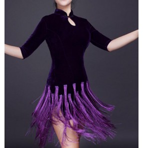 Purple violet velvet fringes tassels competition performance girls women's latin cha cha ballroom dance dresses outfits