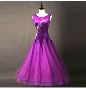 Purple violet velvet mesh patchwork rhinestones competition professional ballroom tango waltz long dresses