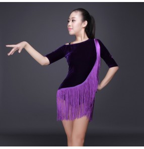 Purple violet velvet tassels fringes competition girls women's competition cha cha ballroom latin dance dresses costumes
