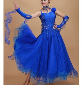 Purple violet white black yellow hot pink royal blue turquoise rhinestones women's ladies competition luxury professional ballroom tango waltz dancing long dresses