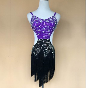 Purple violet white rhinestones diamond handmade competition custom size girls women's latin salsa samba dance dresses