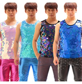 Rainbow black turquoise royal blue pink laser glitter sequins men's competition night club jazz singers pole dance vests tops