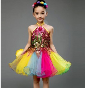 Rainbow colored patchwork sequins glitter girls kids princesss school competition performance modern jazz dance singers show play dancing dresses