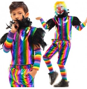 Rainbow colored striped fashion leather teen student boys kids children clown cosplay party jazz stage performance dance wear vest and shorts