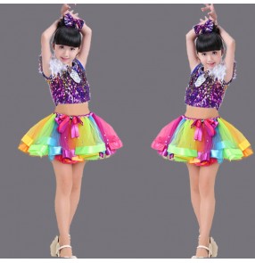 Rainbow colored white sequins glitter stage performance girls kids children modern dance jazz singers dancers performance dresses