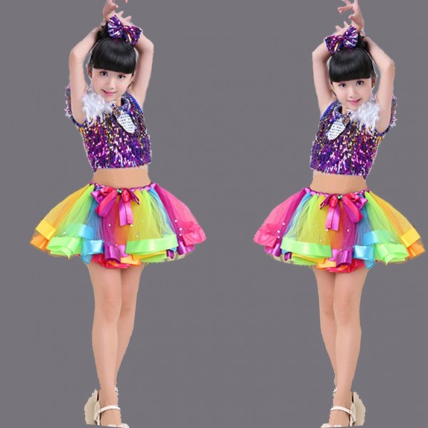 Rainbow Colored White Sequins Glitter Stage Performance Girls Kids