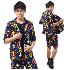 Rainbow colorful hounds tooth printed men's male fashion performance cosplay jazz singers magician dancing long sleeves blazers shorts 