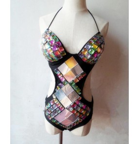 Rainbow colorful lens rhinestones glitter shiny women's girls stage performance jazz singers pole dance dancers dance outfits bodysuits