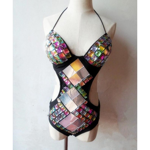 Rainbow Colorful Lens Rhinestones Glitter Shiny Women S Girls Stage Performance Jazz Singers Pole Dance Dancers Dance Outfits Bodysuits