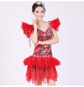 Red and silver sequins feather sexy spandex women's ladies dancers competition cos play party jazz singer dancing outfits bodysuits 