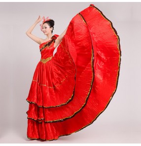 Red black flamenco petal women's girls spanish folk bull dance dresses opening chorus performance cosplay long dresses outfits