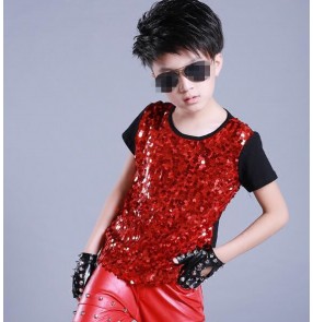 Red black fuchsia patchwork sequins glitter paillette short sleeves competition performance hip hop jazz ds drummer contest tops t shirts