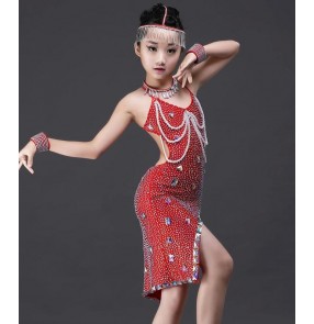 Red black handmade rhinestones diamond backless girls kids children baby school dance crew competition masquerade latin salsa cha cha dresses outfits