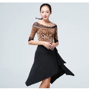 Red black leopard patchwork wrap skirted short sleeves tops women's girls salsa rumba samba latin dance dresses outfits