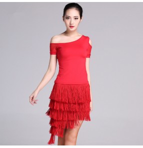 Red Black one shoulder short sleeves fashion layers fringes skirt  competition performance women's rumba salsa latin dance dresses costumes
