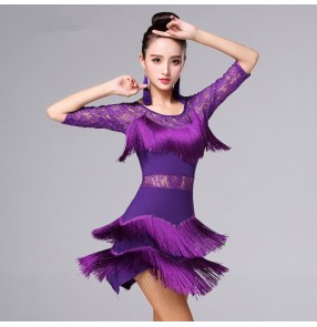 Red black royal blue fuchsia hot pink violet purple lace half sleeves fringes tassel girls women's competition gymnastics latin salsa cha cha dance dresses