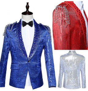 Red black royal blue sequins paillette lapel collar glitter stage performance shoulder with fringes magician singer jazz cos play party dancing blazers coats tops