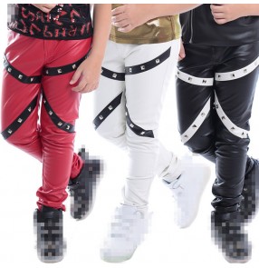 Red black white rivet fashion boys kids baby children leather motorcycle modern dance jazz singer ds dj drummer performance show play dancing pants trouers