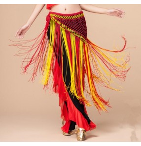 Red black yellow green patchwork triangle hip scarf fringes tassels women's ladies belly dance skirts costumes