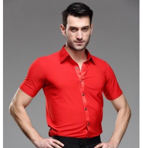 Red down collar short sleeves men's male competition performing latin salsa ballroom tango dance shirts tops