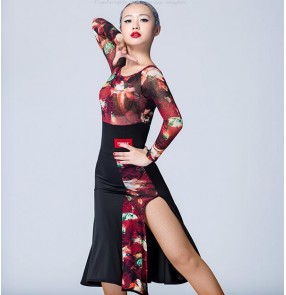 Red floral printed Black patchwork long sleeves side split U neck competition women's ladies fashion latin ballroom performance dance dresses costumes outfits
