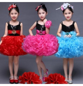 Red fuchsia hot pink yellow violet purple turquoise sequins flower girls princess modern dance children show stage performance puff dresses