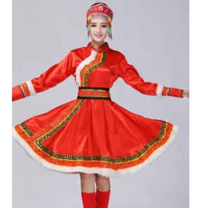 Red fur fluffy Mongolian minority folk dancing women's performance cosplay party dance dresses costumes robes