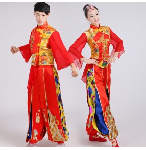 Red gold Chinese folk dance style women's men's dragon embroidery high quality drummer yangko performance cos play dancing outfits tops and pants costumes