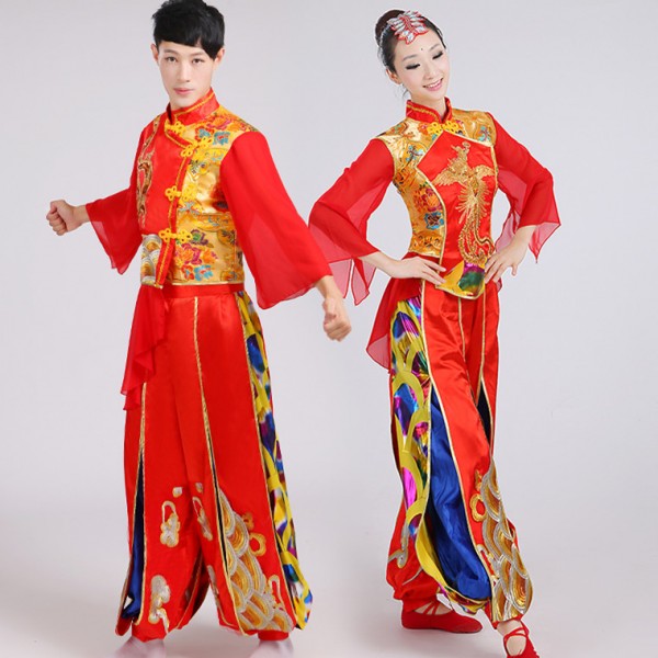 Red gold Chinese folk dance style women's men's dragon embroidery high ...