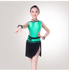 Red green orange black patchwork rhinestones fringes backless competition girls latin salsa cha cha dance dresses