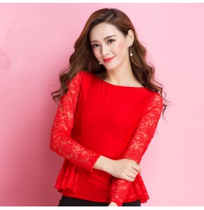 Red lace long sleeves back patchwork sexy fashion women's ladies professional competition latin ballroom dance tops