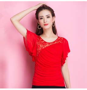 Red lace patchwork short cap sleeves fashion girls women's ballroom salsa latin dance tops 