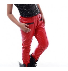 Red leather fashion boys kids children stage performance school competition jazz singers dancers modern dance hip hop dance pants trousers