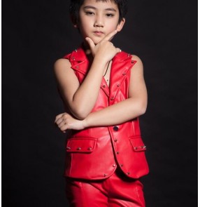 Red leather rivet fashion personality boys student children jazz singers dancers hip hop drummer cosplay show performance dance vests waistcoats