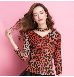 Red leopard printed v neck long sleeves fashion women's ladies competition performance ballroom latin salsa dance tops