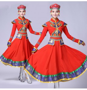 Red long sleeves international minority cosplay dancing Mongolian folk international dance dresses costumes clothes robes outfits