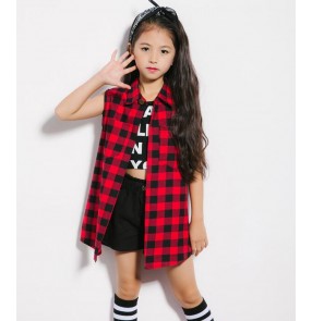 Red plaid sleeveless girls boys kids children performance hip hop school competition jazz singer dancers dance costumes vests tops