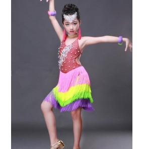 Red rainbow colored rhinestones handmade competition girls kids professional fringes latin salsa cha cha dance dresses outfits