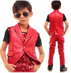 Red rivet sequins paillette patchwork 3in1 boys kids children fashion modern dance hip hop singers dancers competition stage dance outfits wear sets