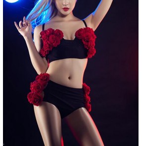 Red rose appliques black patchwork sexy fashion women's night club singer jazz bar ds photography party dancing outfits costumes 