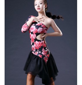 Red rose floral printed black one inclined shoulder hollow waist women's girls competition stage performance latin dance dresses outfits costumes