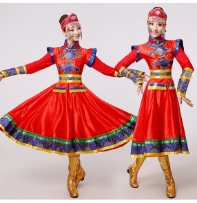 Red royal blue patchwork long length women's girls competition minority cosplay Mongolian international dancing outfits costumes robes